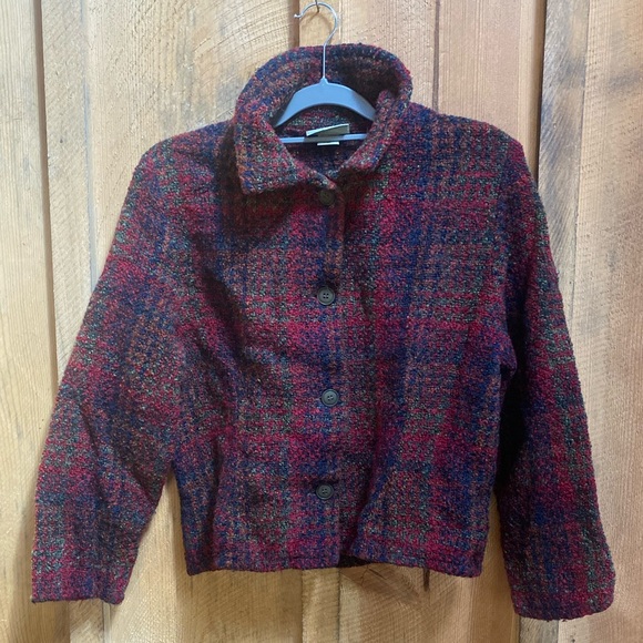 Weave of the Irish Handcrafted Wool Blend Plaid Cropped Jacket Coat M Red Green - Picture 1 of 9